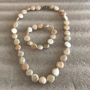 LUC Lucas Lameth 925 Silver Freshwater Coin Pearl Necklace & Stretch Bracelet